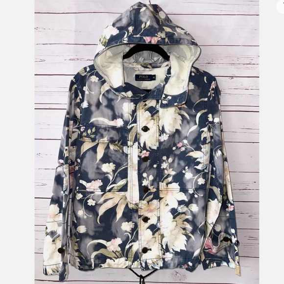 POLO RALPH LAUREN Floral Tie Dye Denim Hood Jacket Blue  Oversized - Picture 2 of 3
